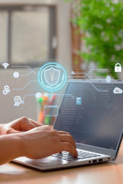 Vertical Photo of a Man using secure digital encryption technology, cybersecurity data protection privacy.